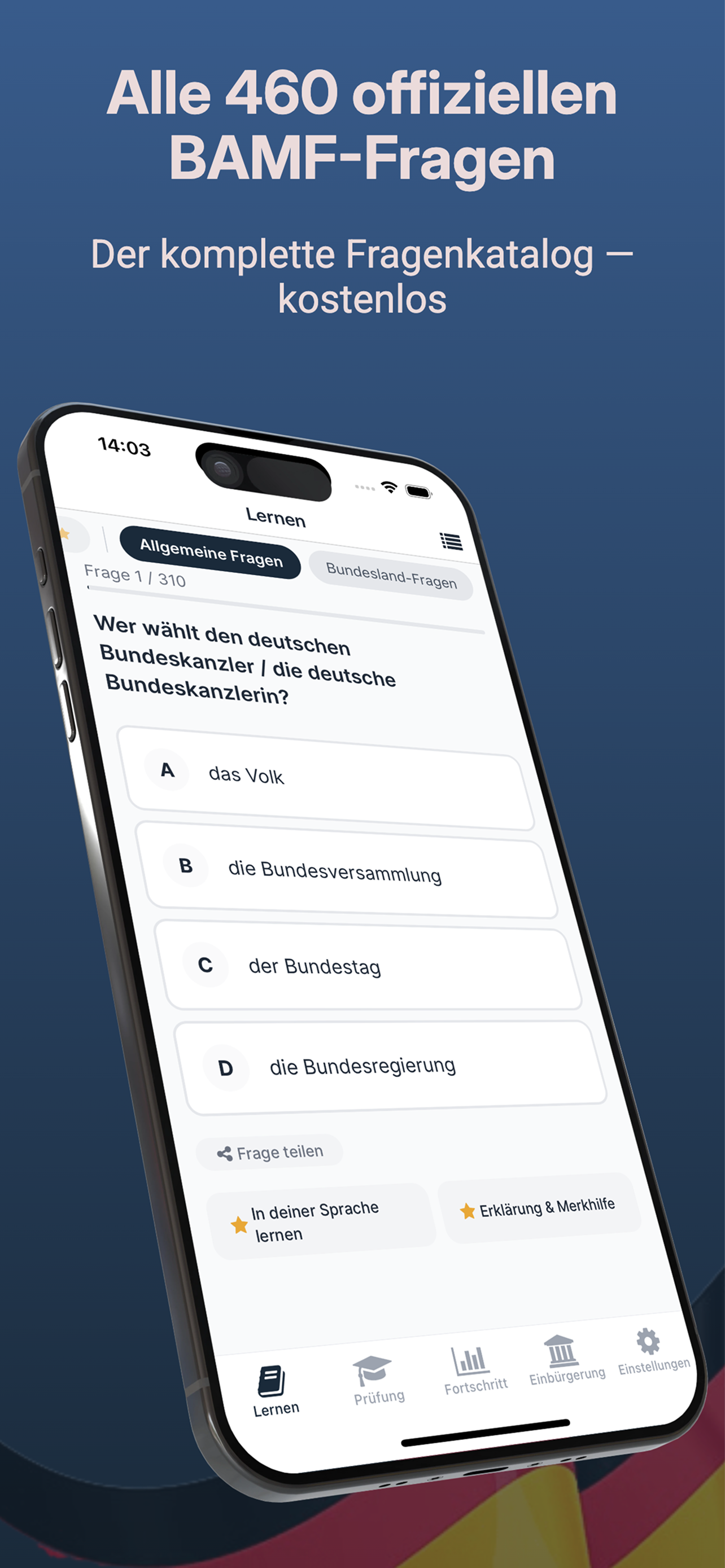 Alle 460 offiziellen BAMF-Fragen kostenlos üben